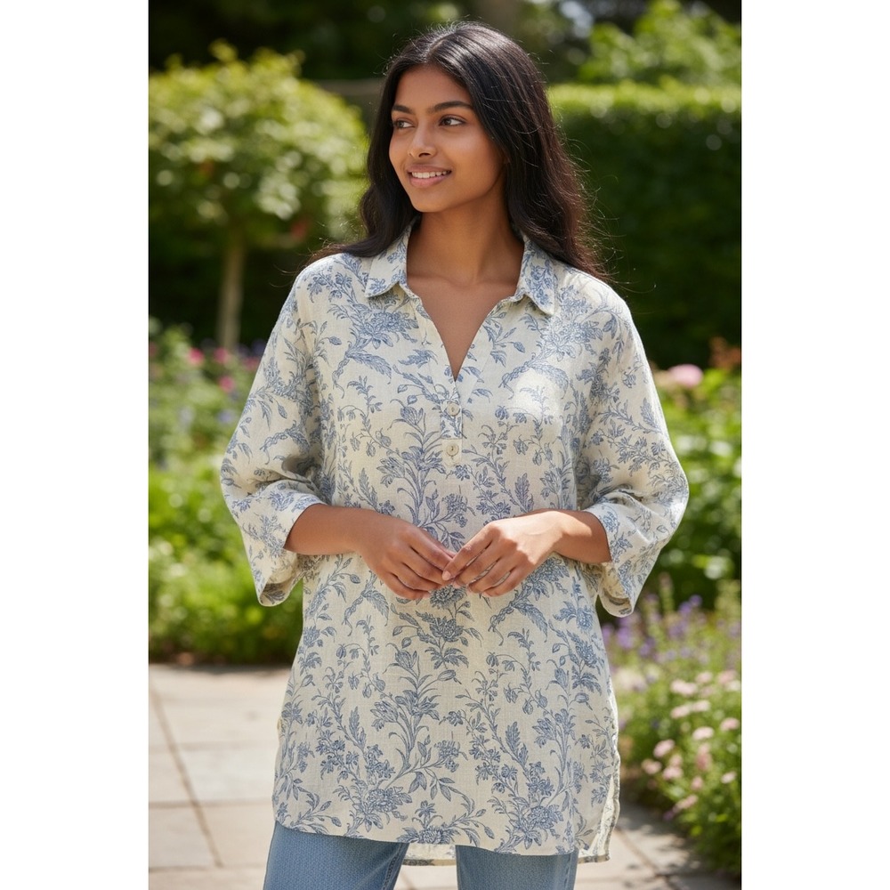 Laura Ashley Blue Botanical Linen Blend Tunic 1X Cottagecore Vintage Inspired